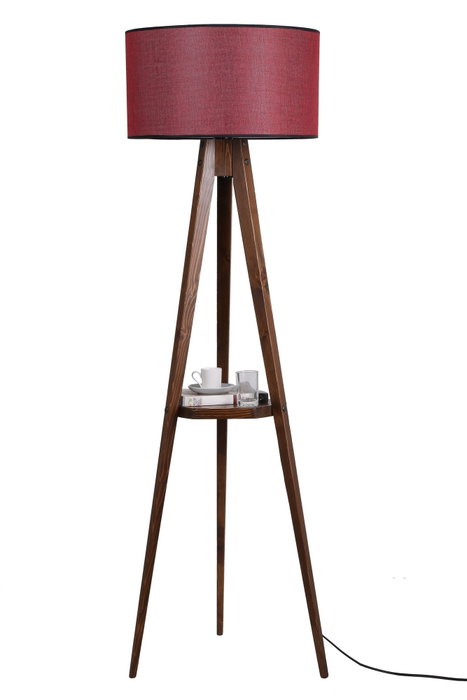 Opviq Lámpara de Pie con Trípode de Madera y Estante, Pantalla de Tela Rojo Burdeos Opviq Lámpara de Pie con Trípode de Madera y Estante, Pantalla de Tela Rojo Burdeos